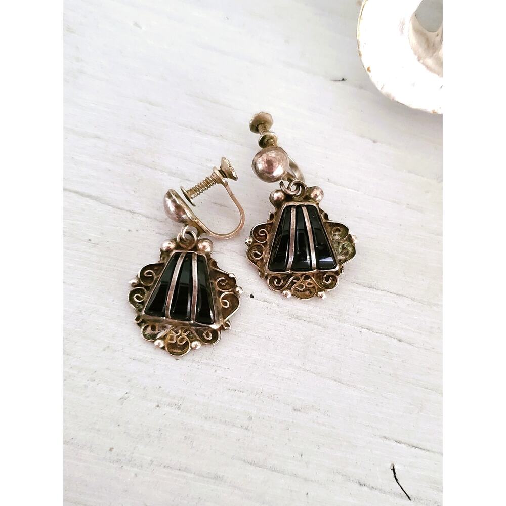 Vintage Sterling Silver Onyx Dangle Screw On Earrings